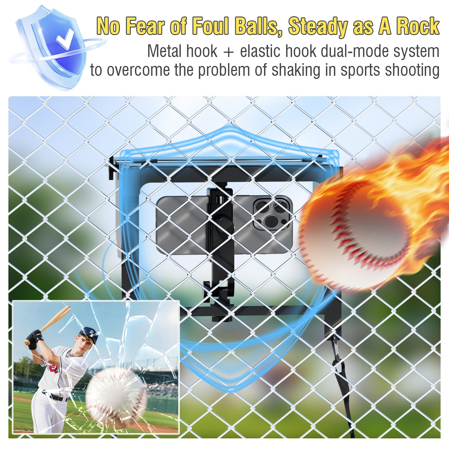 Telefon Zaun Halterung mit verstellbarem Schatten, Zaun Halterung mit Power Bank Clip für iPhone, Samsung, GoPro, Mevo Start und andere Action Kameras, Game Changer Montage Kit für Baseball, Tennis