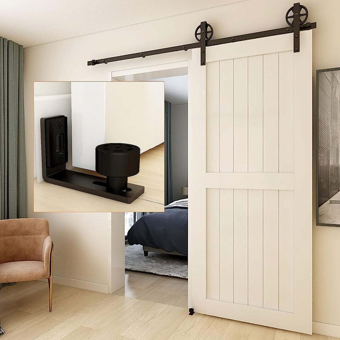 Wolfbird Floor Guide 2 Doors Adjustable Sliding Barn Door Bottom Roller Guide Wall Mount Hardware Black