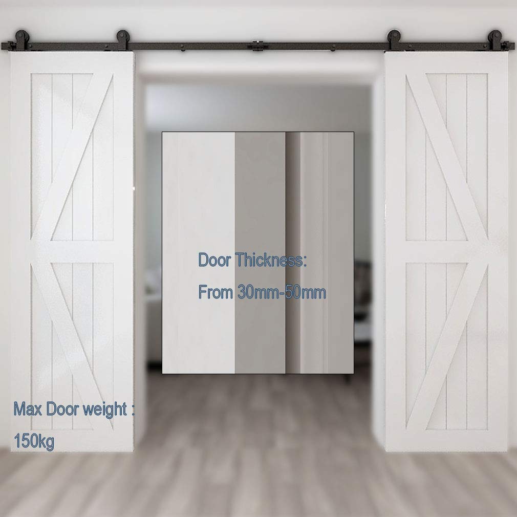 WOLFBIRD Sliding Barn Door Kit Double Door Track System Basic Black Closet Hardware 10FT/304CM Heavy Duty T Roller