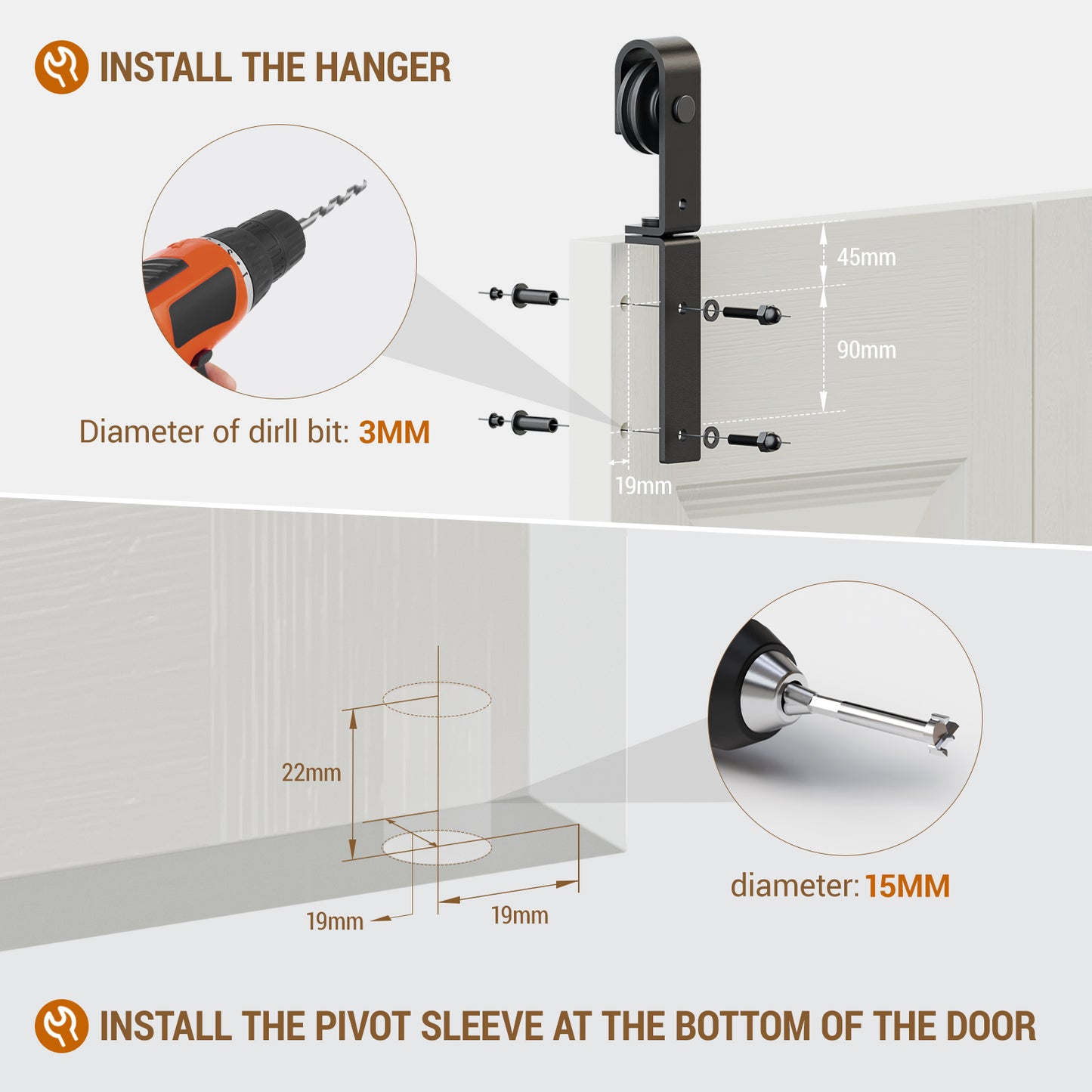 WOLFBIRD Bifold Schiebetürbeschlag Schiebetürsystem Schiebetür Komplettset 76.4CM Türplatten Breit (für 71CM Türöffnung Breit)