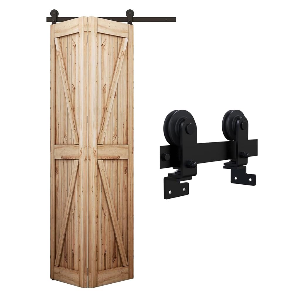 WOLFBIRD 76CM/2.5FT Bi-Folding Sliding Barn Door Hardware,Quietly Simple and Easy to Install for 2 Doors Hardware Kit, Applicable to Door Openings 45-55CM [T Style No Door ]
