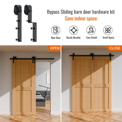 200CM/6.6FT Bypass Schiebetürbeschlag Doppeltür Schiebetüren Schiebetürsystem Komplettset Laufschiene Rollen Set Schwarz für 2 Holztür 95cm Breit, J-Form