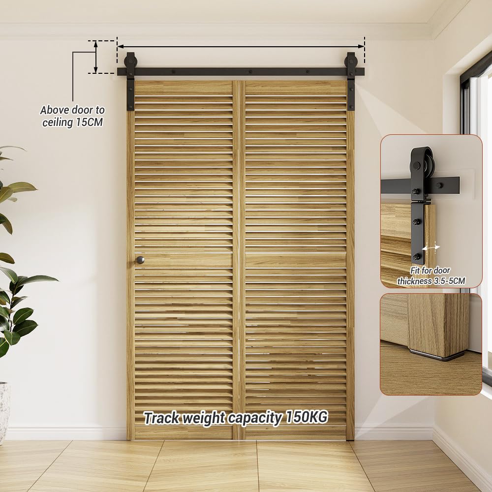 WOLFBIRD 150CM/5FT Bi-Folding Sliding Barn Door Hardware Kit, Heavy Duty Sturdy Barn Door Track Set, Smoothly and Quietly, Fits 2 Doors (No Door)