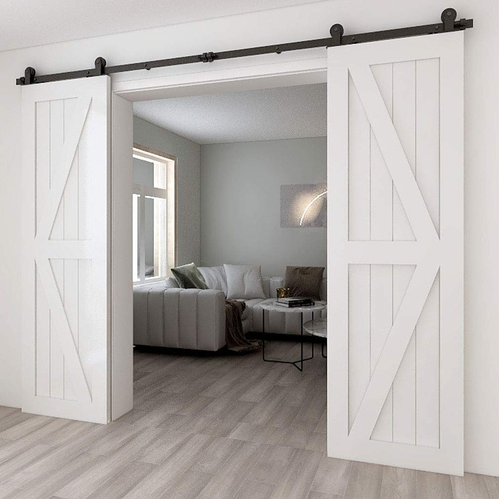 WOLFBIRD Sliding Barn Door Kit Double Door Track System Basic Black Closet Hardware 10FT/304CM Heavy Duty T Roller