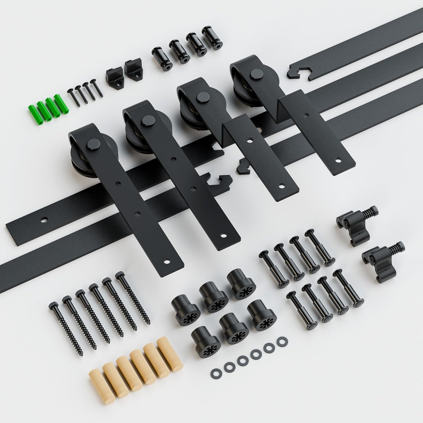 200CM/6.6FT Bypass Schiebetürbeschlag Doppeltür Schiebetüren Schiebetürsystem Komplettset Laufschiene Rollen Set Schwarz für 2 Holztür 95cm Breit, J-Form