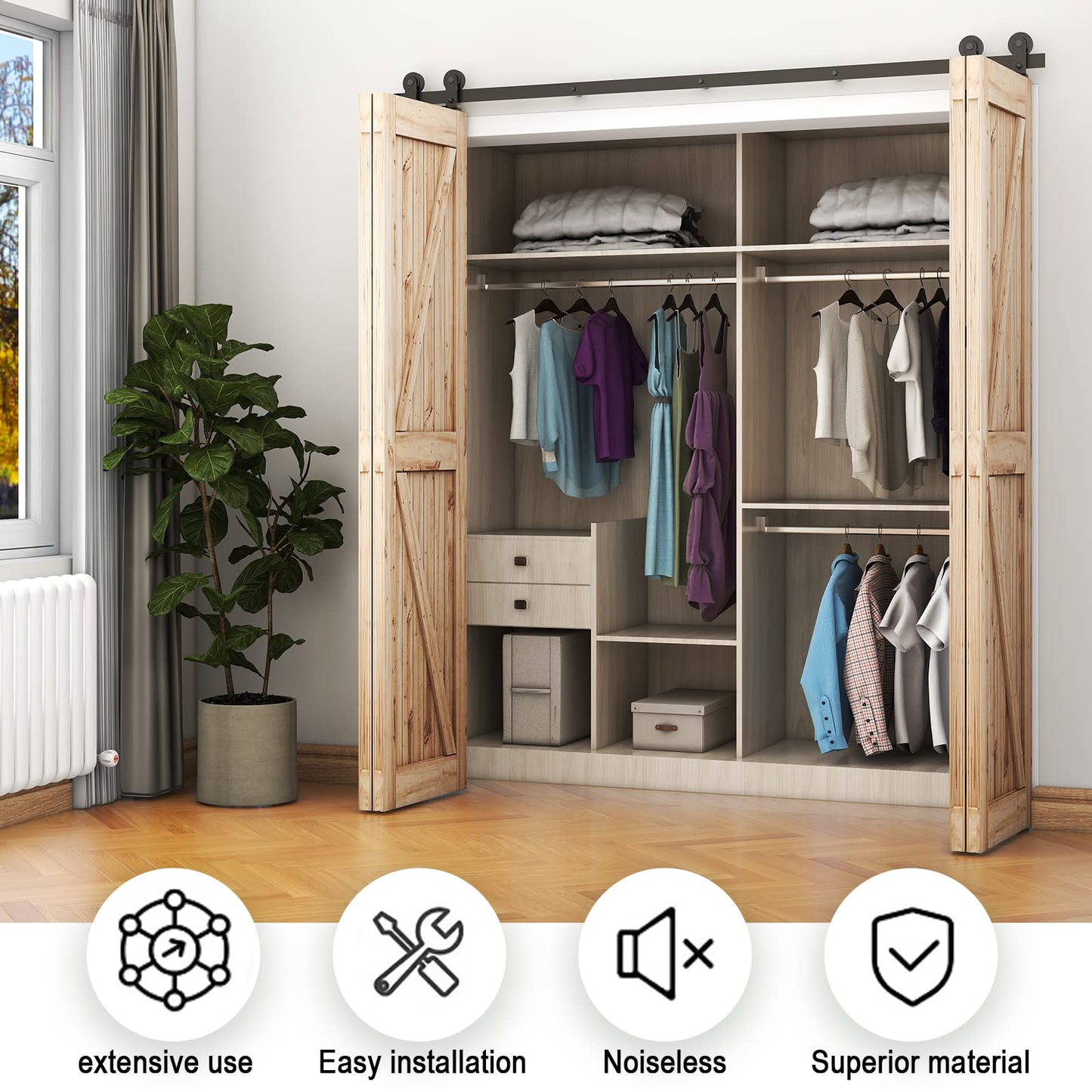 WOLFBIRD 150CM/5FT Bi-Folding Sliding Barn Door Hardware,Quietly Simple and Easy to Install for 4 Doors Hardware Kit, Applicable to Door Openings 120-130CM [T Style No Door ]