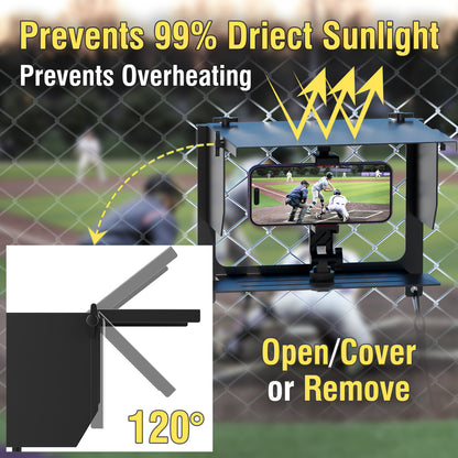 Telefon Zaun Halterung mit verstellbarem Schatten, Zaun Halterung mit Power Bank Clip für iPhone, Samsung, GoPro, Mevo Start und andere Action Kameras, Game Changer Montage Kit für Baseball, Tennis