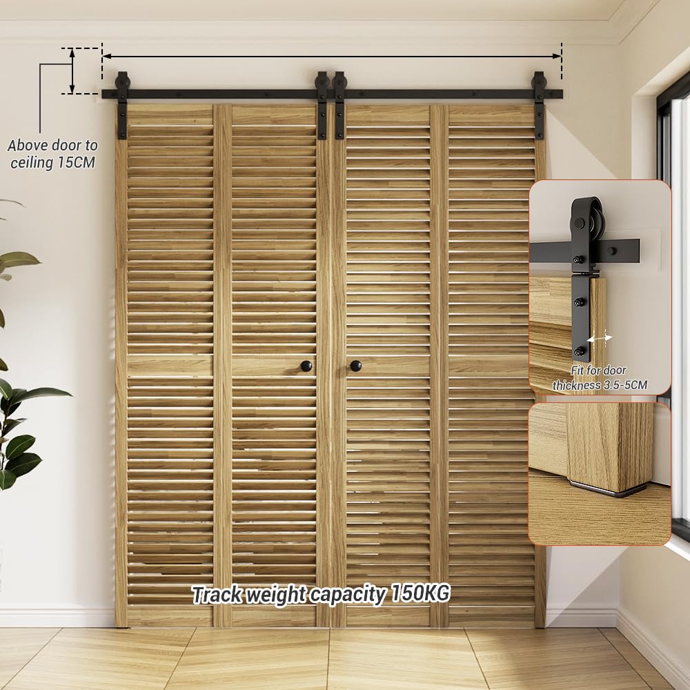 WOLFBIRD 183CM /6FT Bi-Folding Sliding Barn Door Hardware Kit, Heavy Duty Sturdy Barn Door Track Set, Smoothly and Quietly, Fits 4 Doors (No Door)