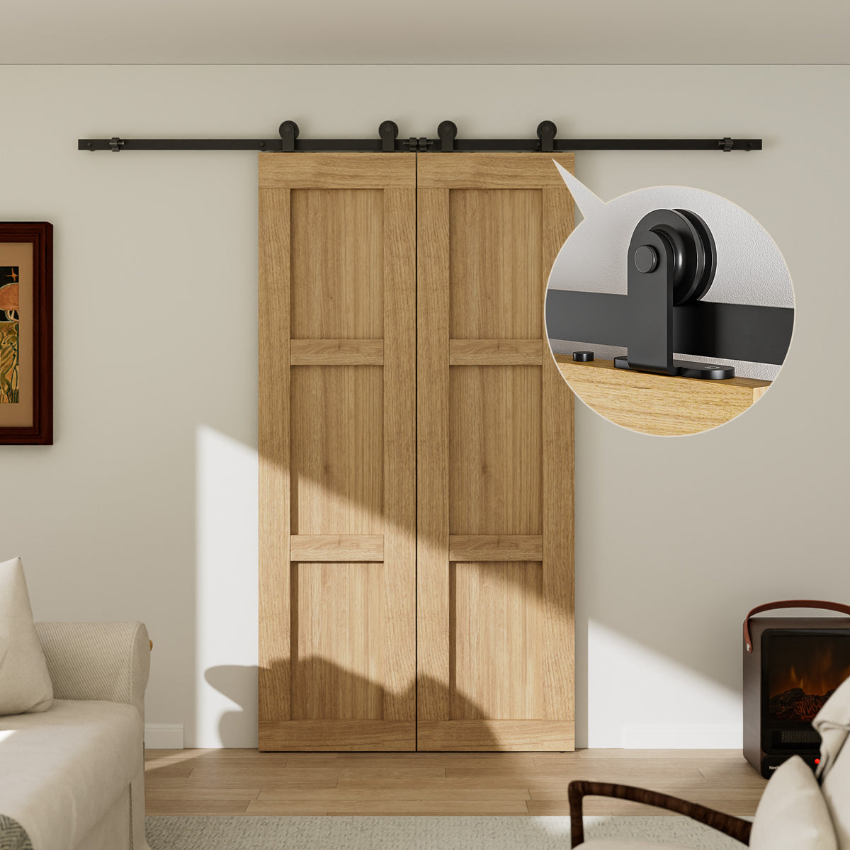 WOLFBIRD Sliding Barn Door Kit Double Door Track System Basic Black Closet Hardware 10FT/304CM Heavy Duty T Roller