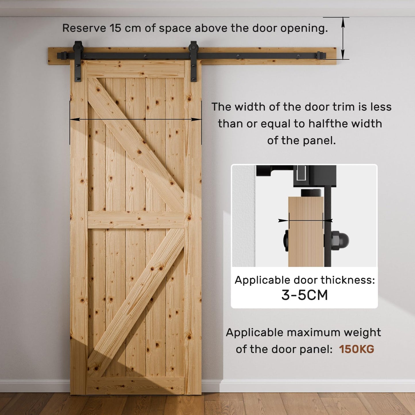 Sliding Barn Door Kit 5FT/152CM Black Heavy Duty Barn Door Sliding Hardware Track Kit for Single Wood Door 76CM Wide