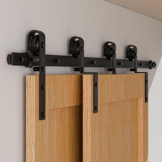 153CM/5FT Bypass Schiebetürbeschlag Doppeltür Schiebetüren Schiebetürsystem Komplettset Laufschiene Rollen Set Schwarz für 2 Holztür 70cm Breit, J-Form