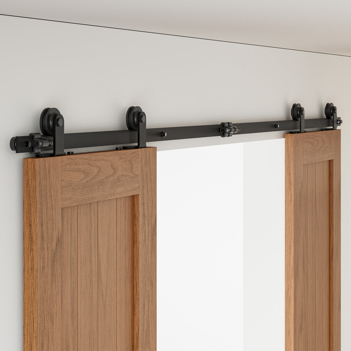 WOLFBIRD Sliding Barn Door Kit Double Door Track System Basic Black Closet Hardware 10FT/304CM Heavy Duty T Roller