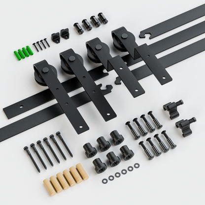 153CM/5FT Bypass Schiebetürbeschlag Doppeltür Schiebetüren Schiebetürsystem Komplettset Laufschiene Rollen Set Schwarz für 2 Holztür 70cm Breit, J-Form