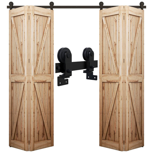 WOLFBIRD 150CM/5FT Bi-Folding Sliding Barn Door Hardware,Quietly Simple and Easy to Install for 4 Doors Hardware Kit, Applicable to Door Openings 120-130CM [T Style No Door ]