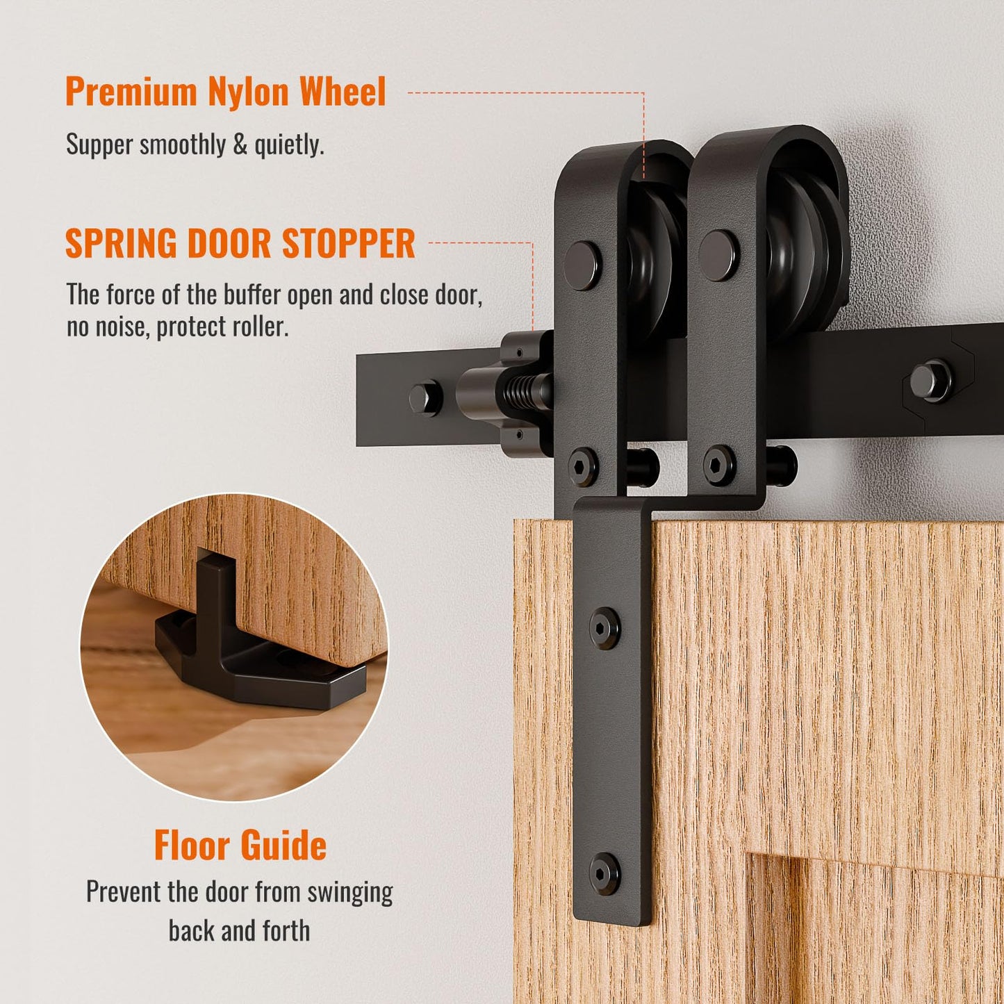 244CM/8FT Bypass Schiebetürbeschlag Doppeltür Schiebetüren Schiebetürsystem Komplettset Laufschiene Rollen Set Schwarz für 2 Holztür 115cm Breit, J-Form
