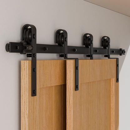 274CM/9FT Bypass Schiebetürbeschlag Doppeltür Schiebetüren Schiebetürsystem Komplettset Laufschiene Rollen Set Schwarz für 2 Holztür 130cm Breit, J-Form
