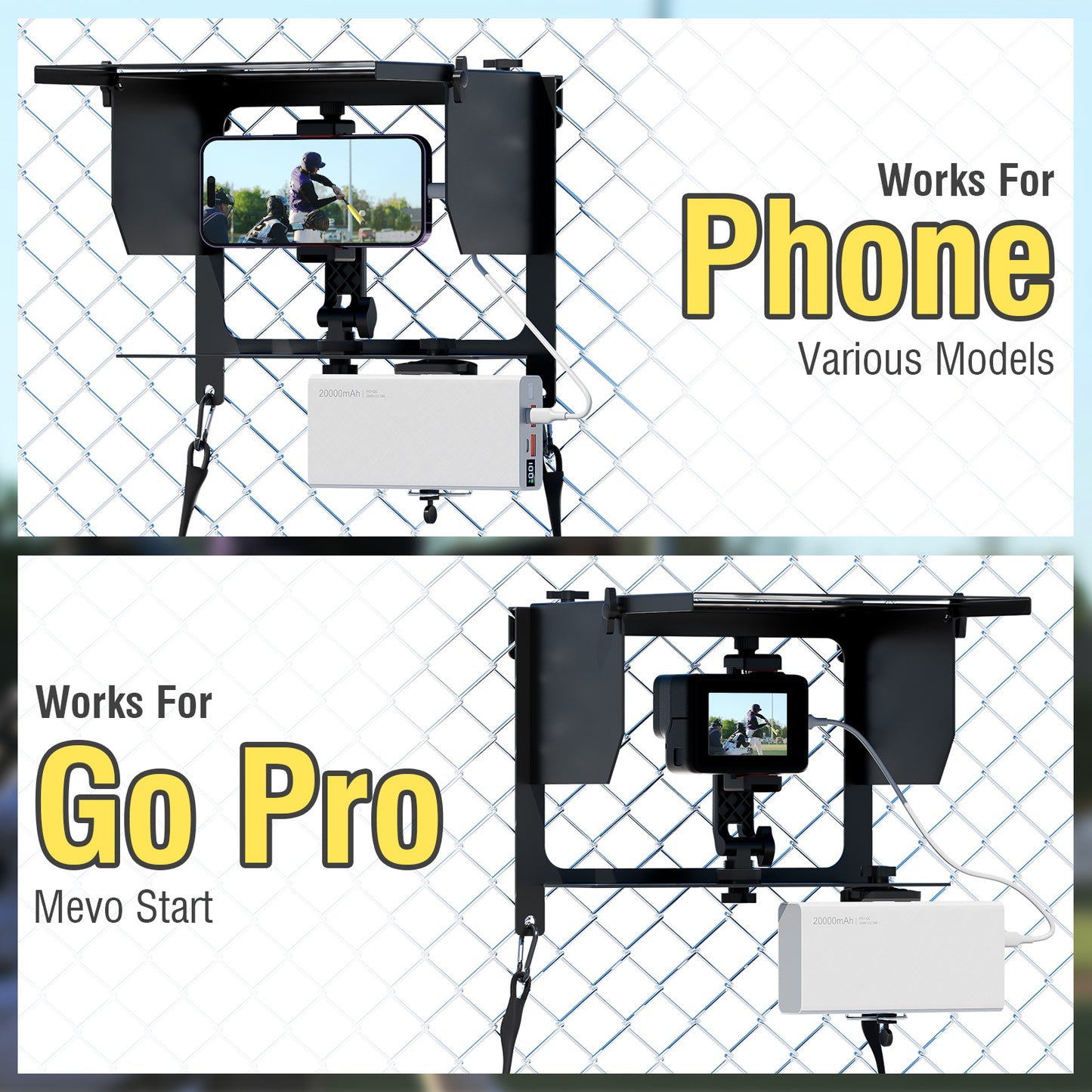Telefon Zaun Halterung mit verstellbarem Schatten, Zaun Halterung mit Power Bank Clip für iPhone, Samsung, GoPro, Mevo Start und andere Action Kameras, Game Changer Montage Kit für Baseball, Tennis
